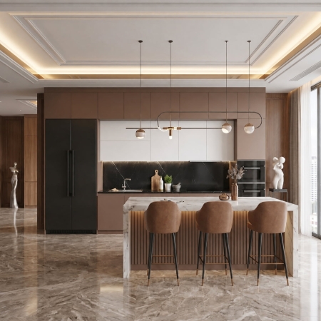 Tủ bếp chữ I gỗ công nghiệp màu be phối trắng A-10