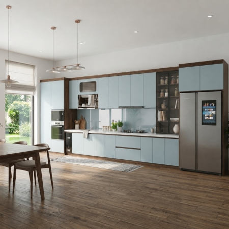 Tủ bếp chữ I gỗ công nghiệp màu gỗ đậm phối xanh dương pastel A-13