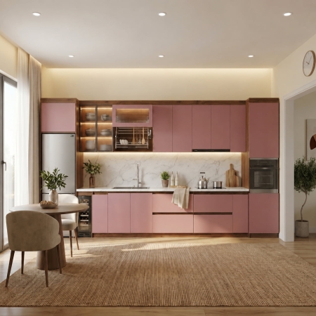 Tủ bếp chữ I gỗ công nghiệp màu gỗ đậm phối hồng A-14
