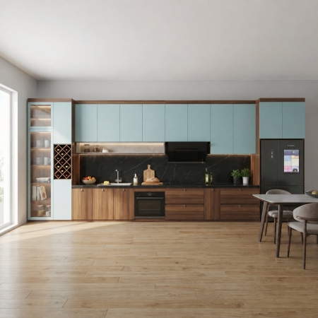 Tủ bếp chữ I gỗ công nghiệp màu gỗ đậm phối xanh dương pastel A-15