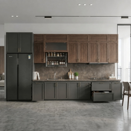 Tủ bếp chữ I cánh Pano gỗ công nghiệp màu gỗ đậm phối đen A-18