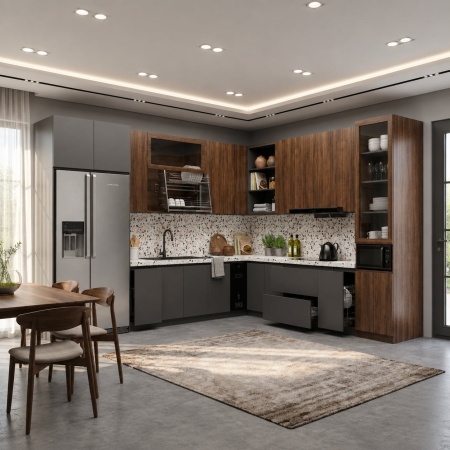 Tủ bếp chữ L gỗ công nghiệp màu gỗ đậm phối xám ghi A-20