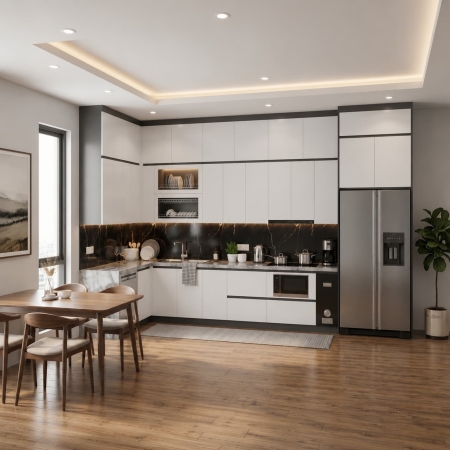 Tủ bếp chữ L gỗ công nghiệp màu xám ghi phối trắng A-22