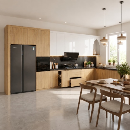 Tủ bếp chữ L gỗ công nghiệp màu gỗ vàng phối trắng Acrylic A-27