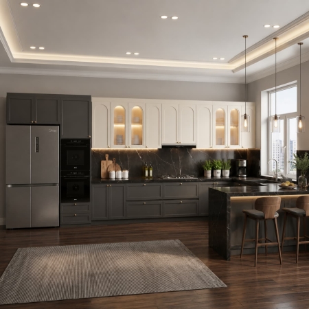 Tủ bếp chữ U cánh Pano gỗ công nghiệp màu xám ghi phối be nhạt A-30
