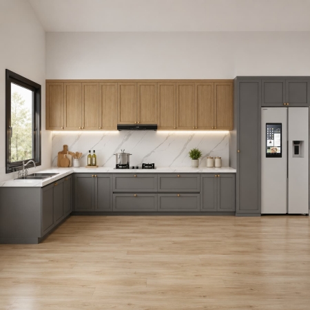 Tủ bếp chữ L cánh Pano gỗ công nghiệp màu xám ghi phối gỗ vàng A-32