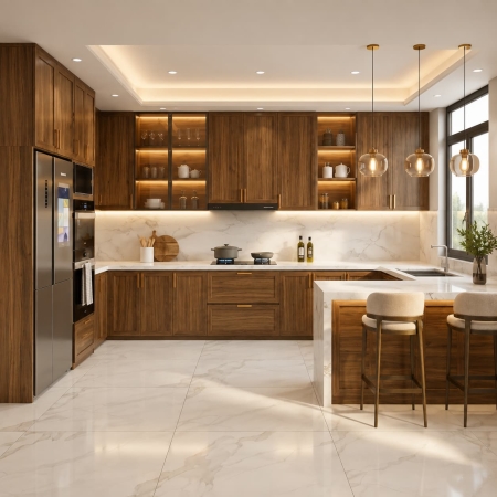 Tủ bếp chữ U cánh Pano gỗ công nghiệp màu gỗ A-33