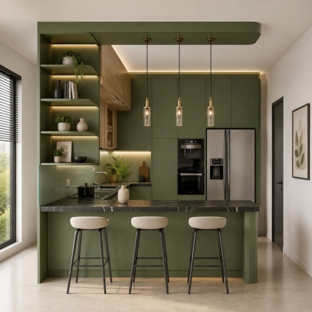 Tủ bếp chữ U gỗ công nghiệp màu xanh lá pastel phối gỗ A-34