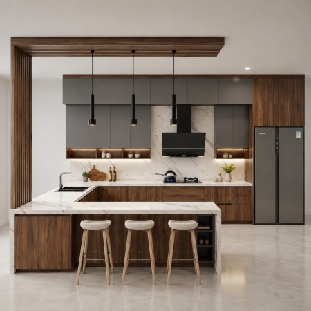 Tủ bếp chữ U gỗ công nghiệp màu gỗ đậm phối xám ghi A-35
