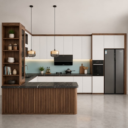Tủ bếp chữ U gỗ công nghiệp màu gỗ đậm phối trắng A-36