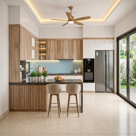 Tủ bếp chữ U gỗ công nghiệp màu gỗ phối trắng A-38
