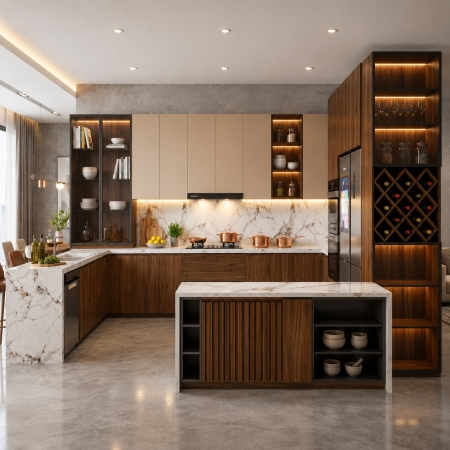 Tủ bếp chữ U gỗ công nghiệp màu gỗ đậm phối be A-40