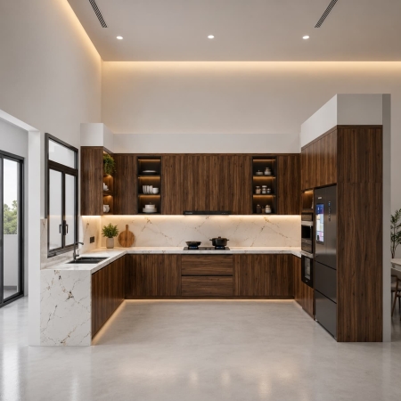 Tủ bếp chữ U gỗ công nghiệp màu gỗ A-41