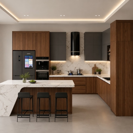 Tủ bếp chữ L gỗ công nghiệp màu gỗ đậm phối xám ghi A-42