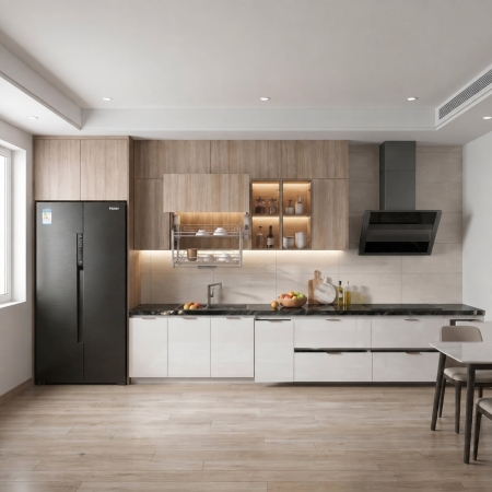 Tủ bếp chữ I gỗ công nghiệp màu gỗ nhạt phối trắng Acrylic A-07