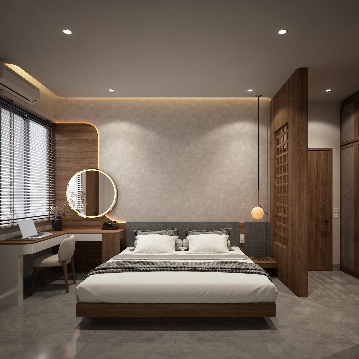 Phòng ngủ chính Nhà chị Hà với nội thất nâu gỗ và kem
