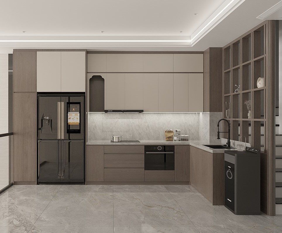 Thiết kế nội thất bếp Nhà A Nghĩa với tủ MDF phủ Melamine chống ẩm E1