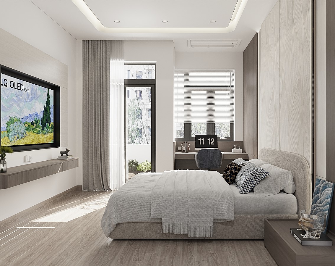 Phòng ngủ master dự án Nhà A Nghĩa 320m2 với nội thất nâu kem hiện đại