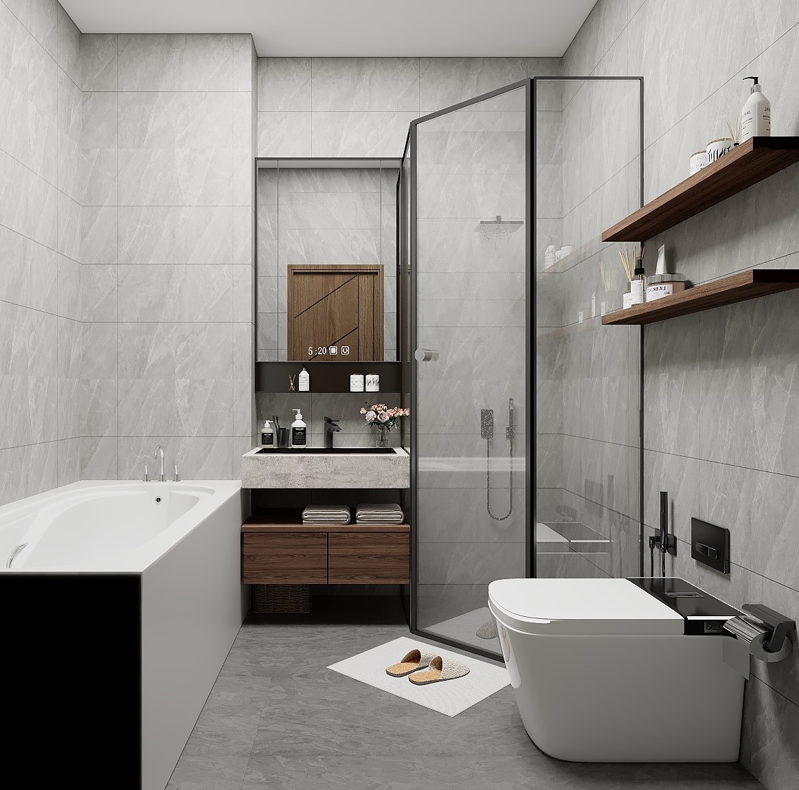 Nhà vệ sinh phòng master Nhà A Nghĩa với đá xám và tủ lavabo màu gỗ