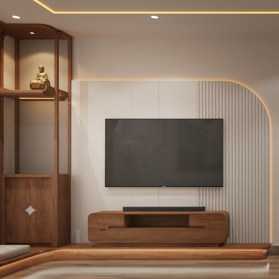 Vách TV phòng khách Nhà anh Nam với gỗ nâu và đường bo cong hiện đại