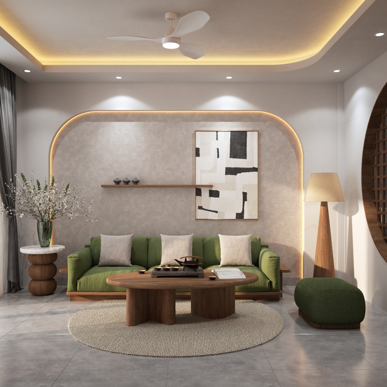 Phòng khách Nhà chị Hà với sofa xanh oliu và nội thất nâu vân gỗ