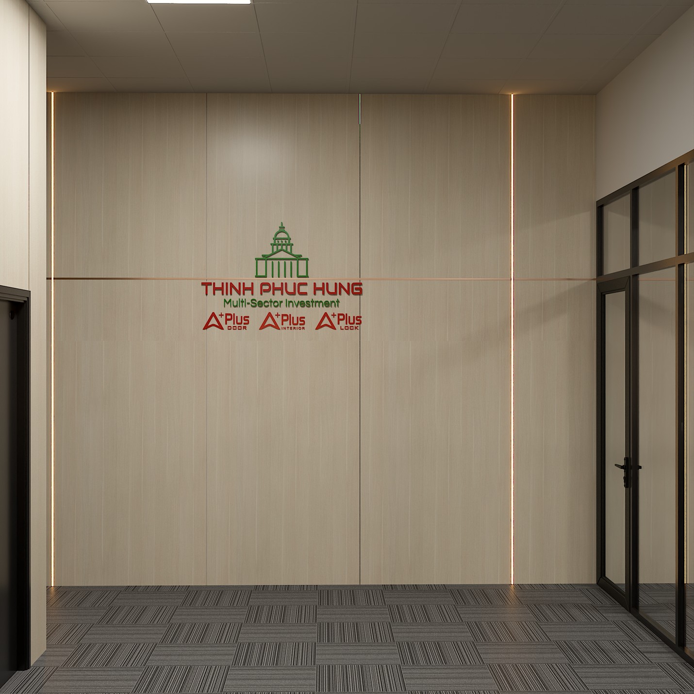 Khu nhận diện thương hiệu Thịnh Phúc Hưng và APLUS trong showroom