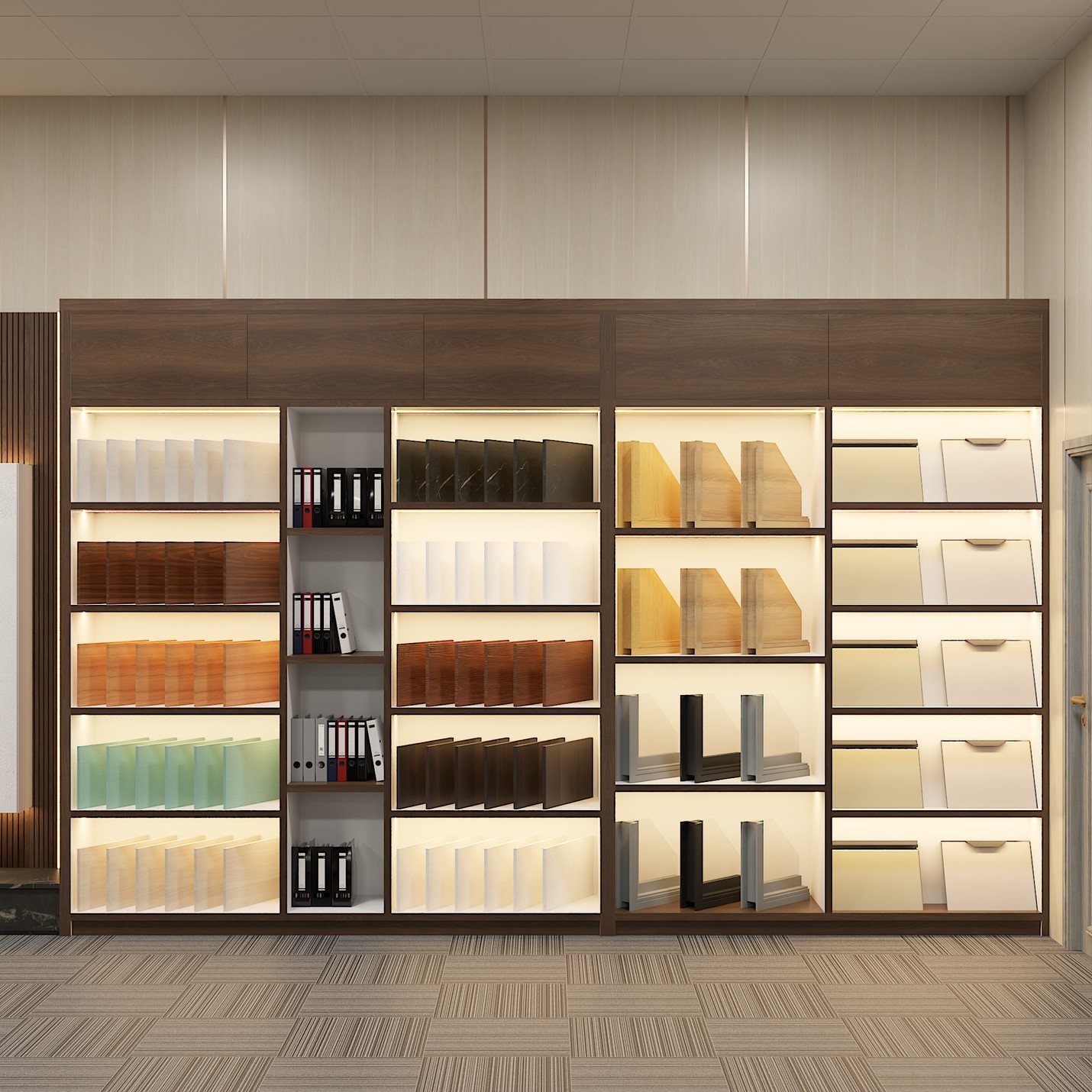 Tủ trưng bày vật liệu nội thất tại Showroom Công ty Thịnh Phúc Hưng