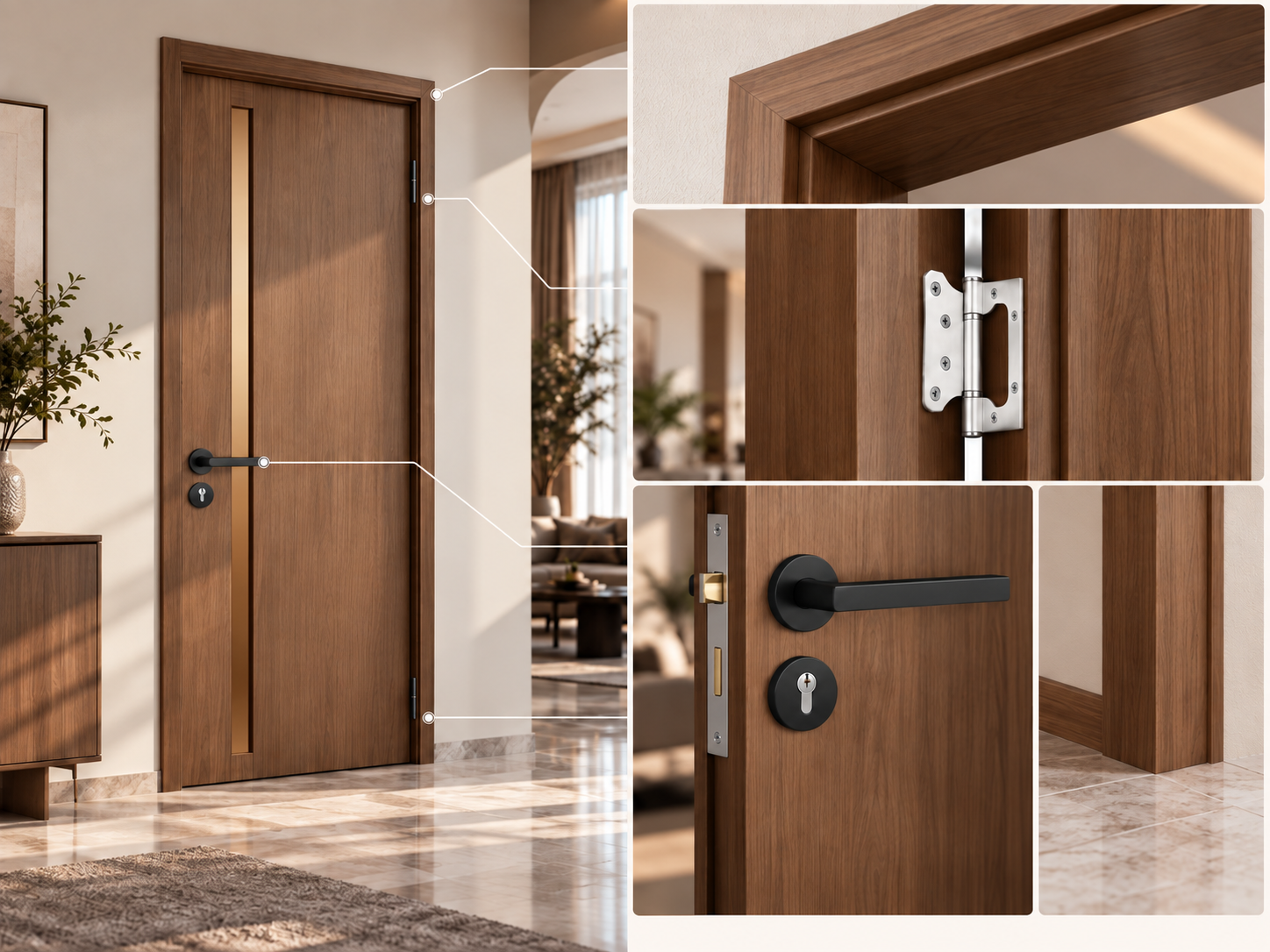 Khóa và tay nắm cửa hiện đại phối cùng cánh vân gỗ